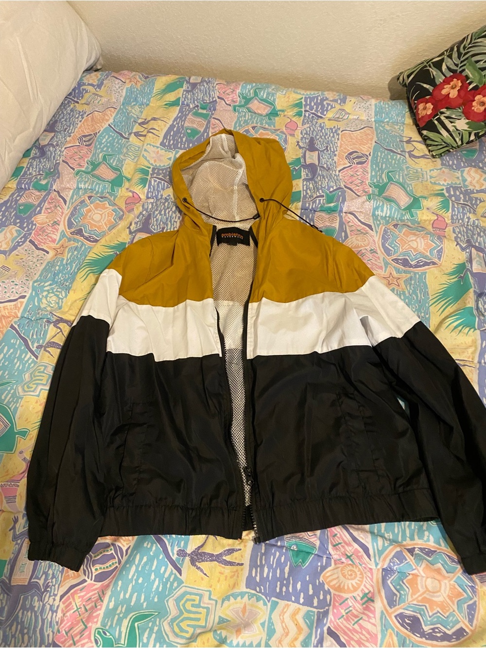 Ambiance Mustard White Black Colorblock Hooded Windbreaker